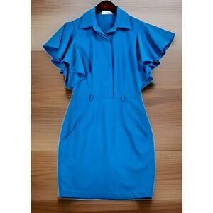 Calvin Klein Teal Dress Button Front Belt Loops & Pockets Ruffle Sleeve Size 6